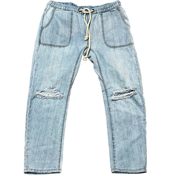 One Teaspoon Women Medium Shabbies Lt Blue Drawstring Jeans Distressed Cropped - Picture 1 of 5